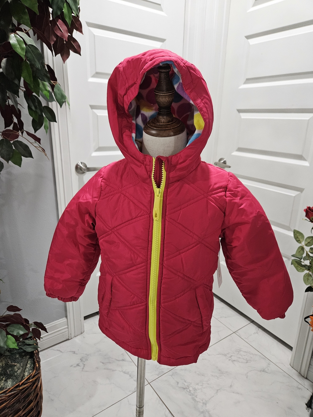 Wonderkids Hot Pink Hooded Puffer Jacket with Yellow Zip